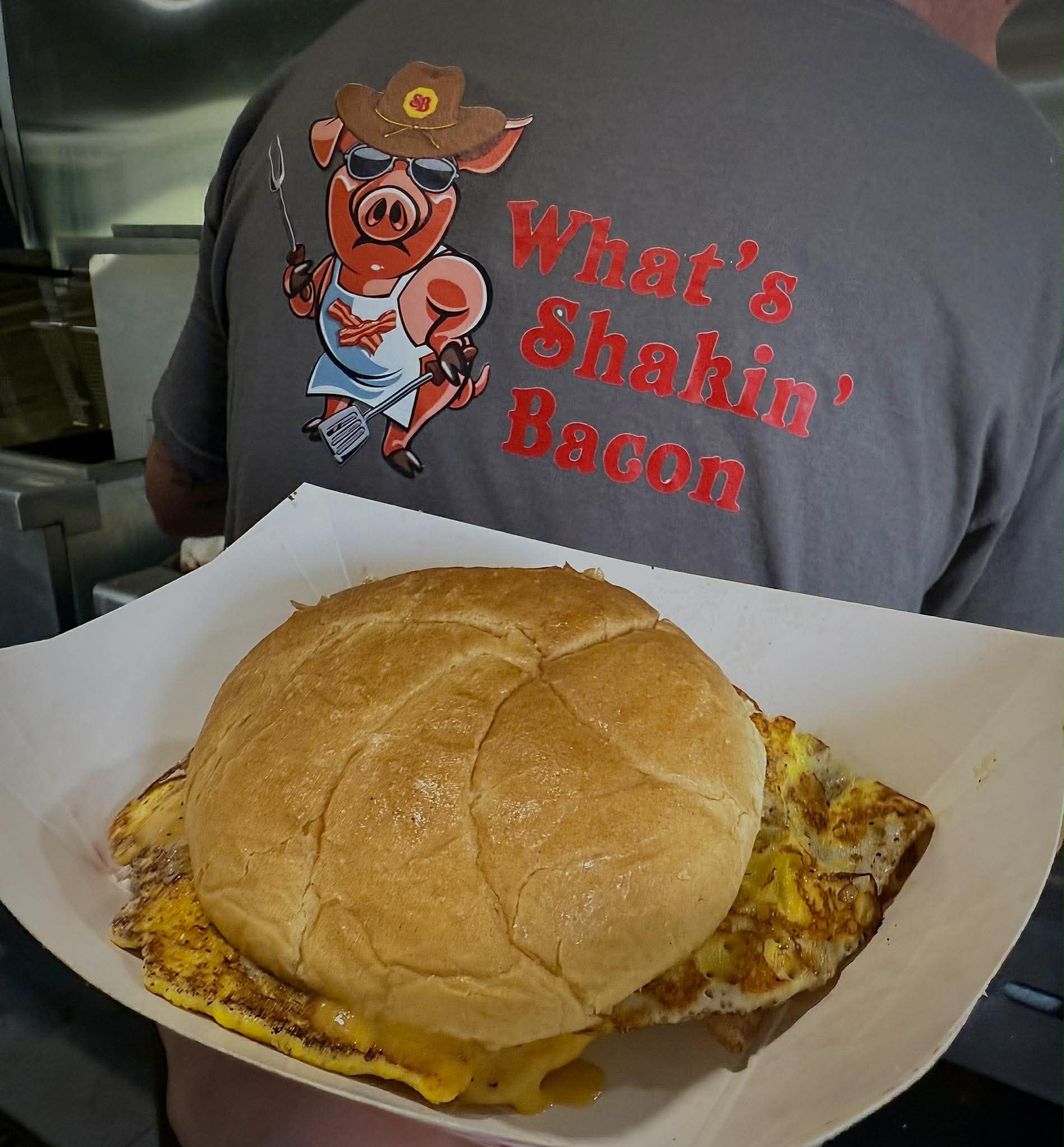 What's Shakin' Bacon breakfast plate and branded shirt